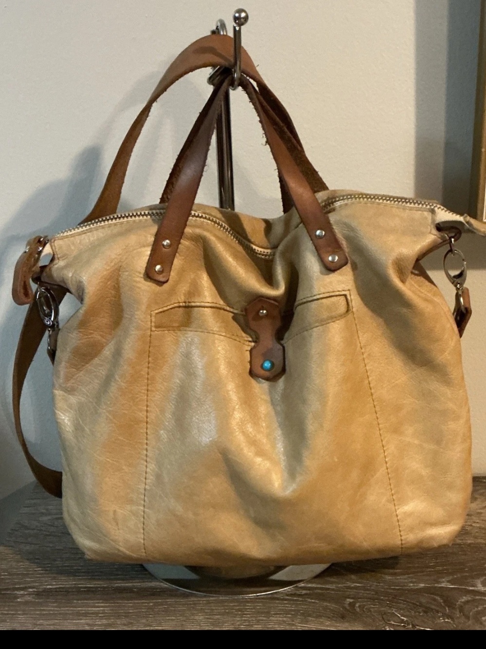 Khelman K Helman Tan Distressed Leather Crossbody Tote Bag Custom Lining EUC